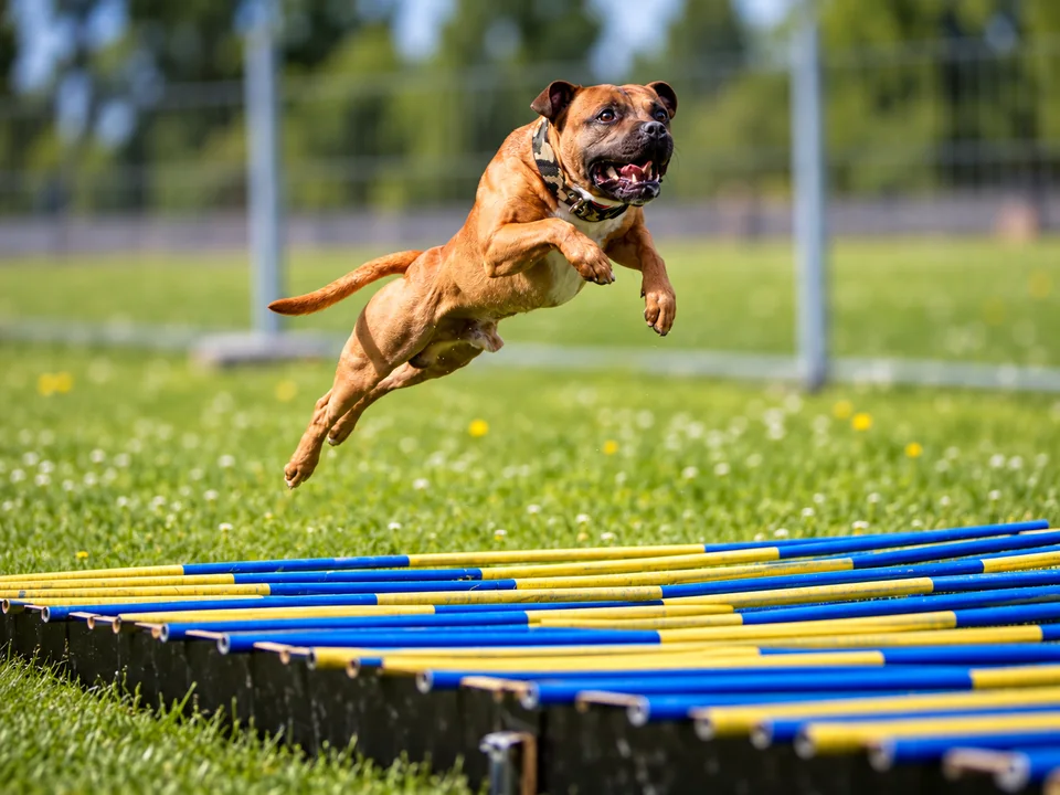 Long jump dog airborne over the obstacle